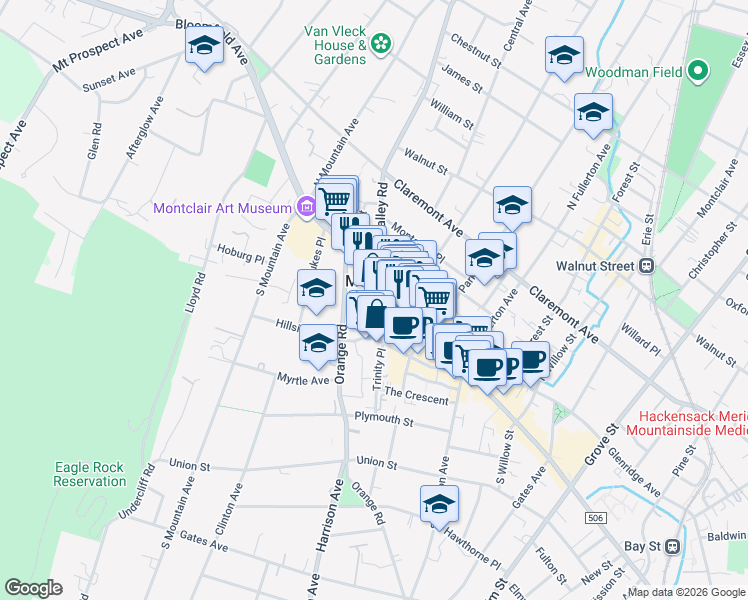 map of restaurants, bars, coffee shops, grocery stores, and more near in Montclair