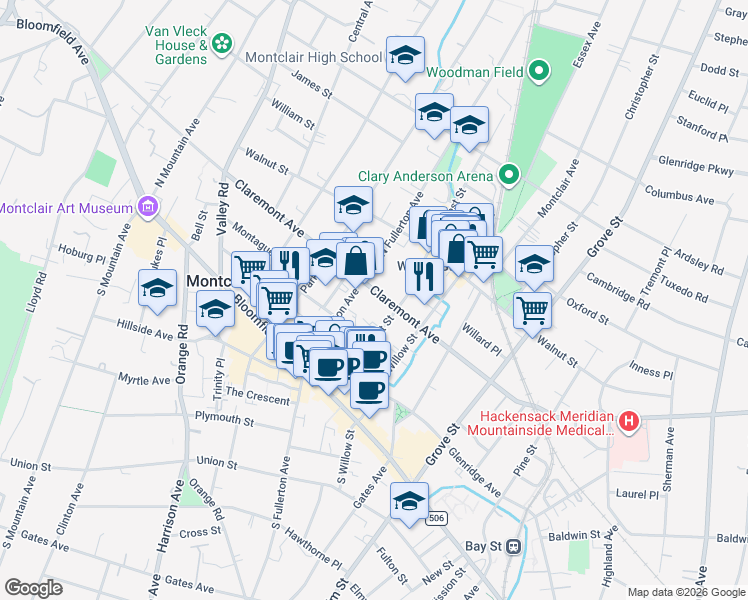 map of restaurants, bars, coffee shops, grocery stores, and more near 183 Claremont Avenue in Montclair