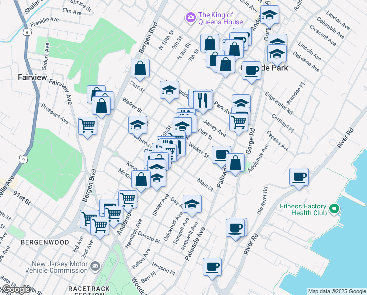 map of restaurants, bars, coffee shops, grocery stores, and more near 239 Anderson Avenue in Fairview