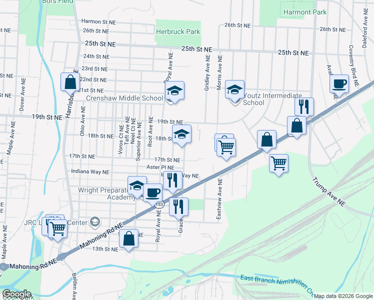 map of restaurants, bars, coffee shops, grocery stores, and more near 1736 Grace Avenue Northeast in Canton