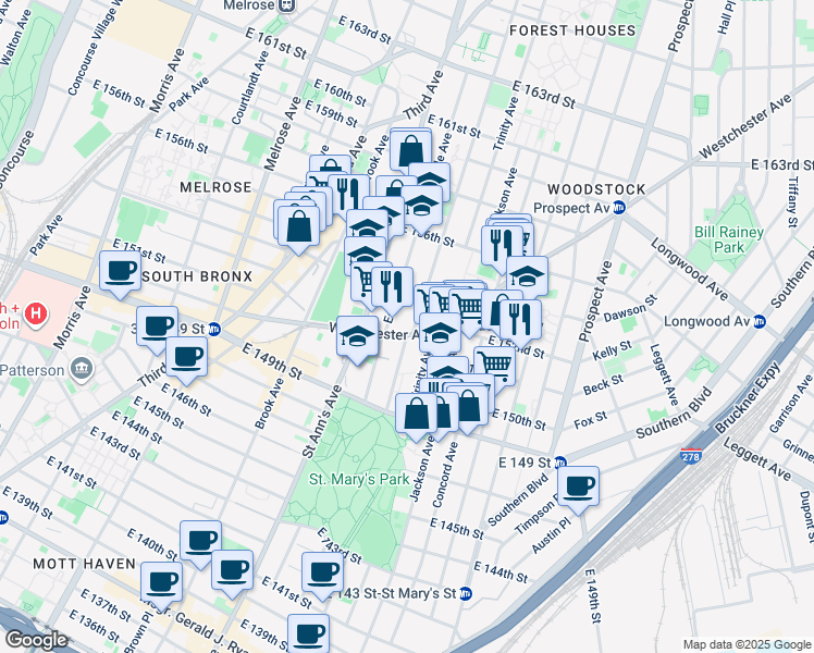 map of restaurants, bars, coffee shops, grocery stores, and more near 642 Westchester Avenue in The Bronx
