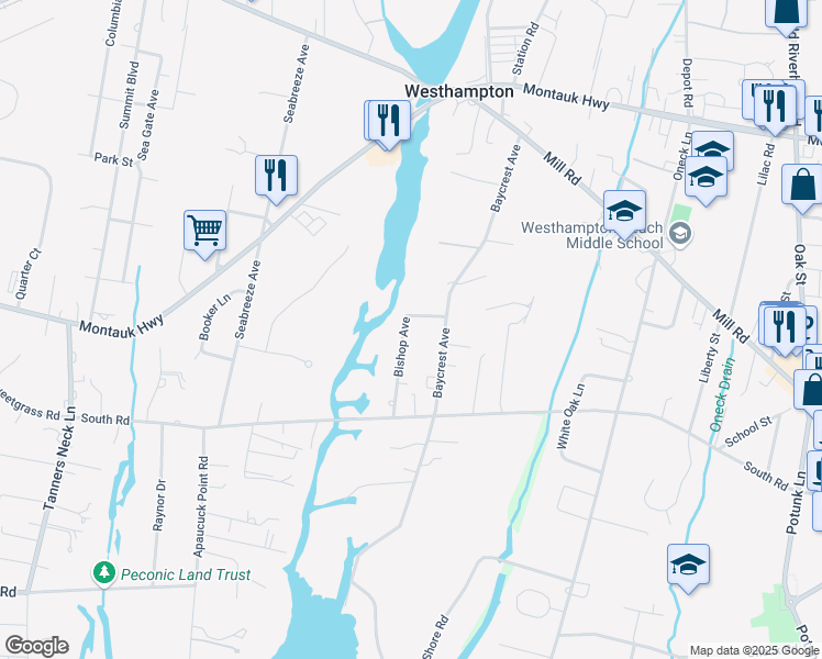 map of restaurants, bars, coffee shops, grocery stores, and more near 22 Bishop Avenue in Westhampton