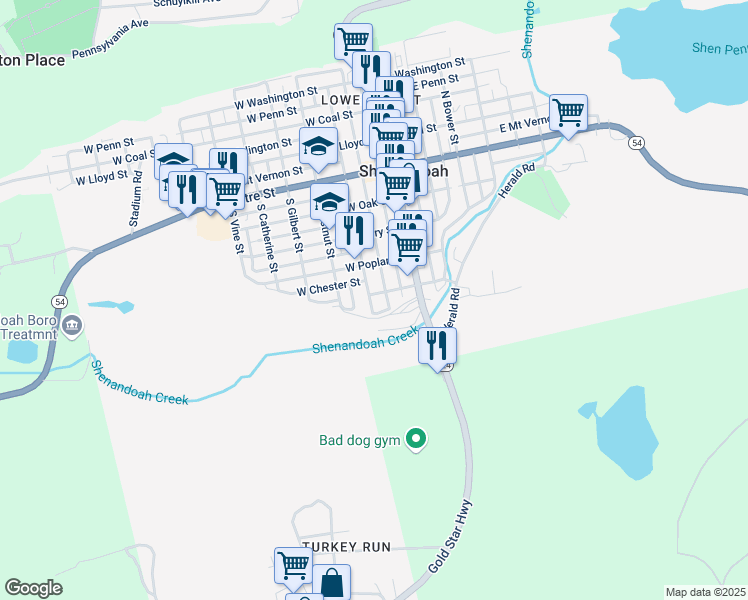 map of restaurants, bars, coffee shops, grocery stores, and more near 114 West Laurel Street in Shenandoah