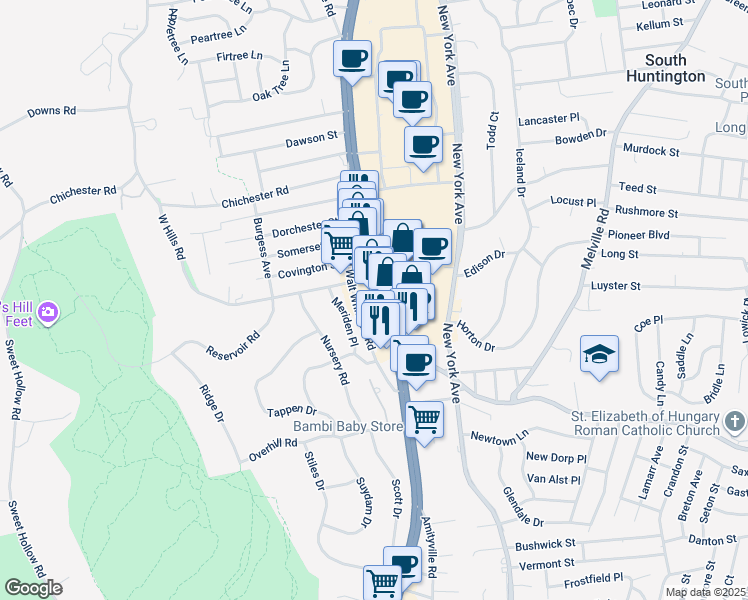map of restaurants, bars, coffee shops, grocery stores, and more near 301 Walt Whitman Road in Huntington Station