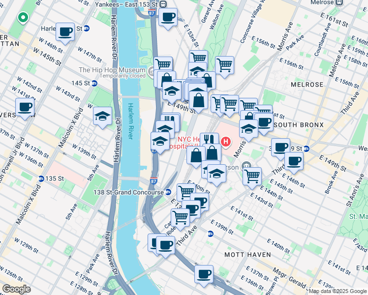 map of restaurants, bars, coffee shops, grocery stores, and more near 395 Grand Concourse in Bronx