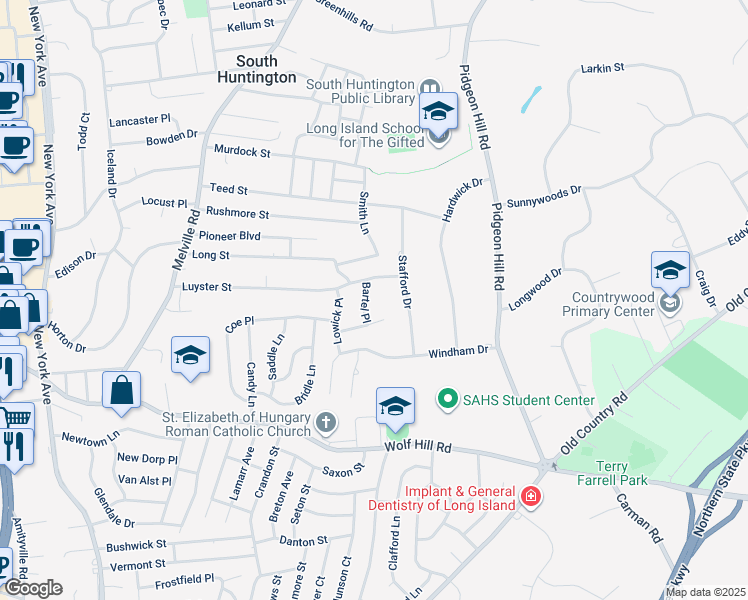 map of restaurants, bars, coffee shops, grocery stores, and more near 3 Bartel Place in Huntington Station