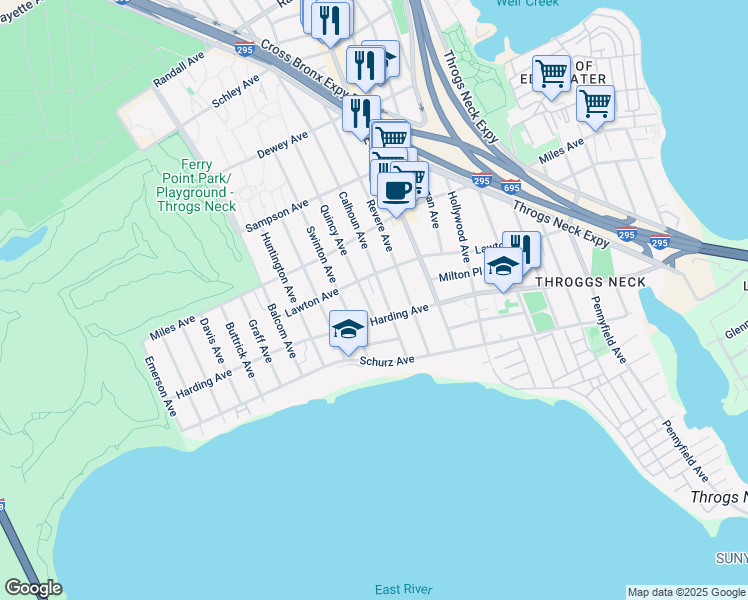 map of restaurants, bars, coffee shops, grocery stores, and more near 242 Calhoun Avenue in Bronx