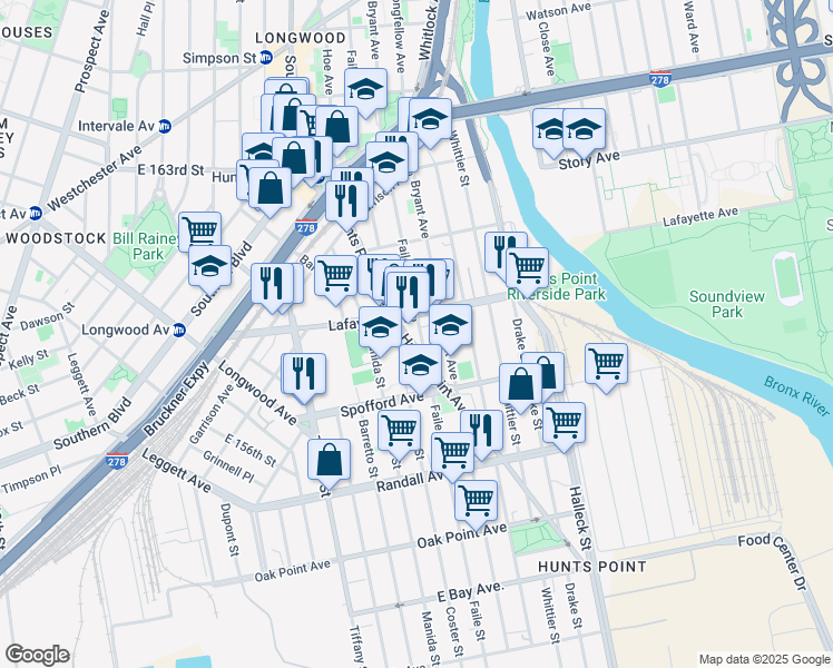 map of restaurants, bars, coffee shops, grocery stores, and more near 1312 Lafayette Avenue in Bronx
