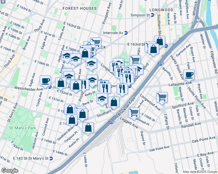 map of restaurants, bars, coffee shops, grocery stores, and more near 757 Beck Street in Bronx