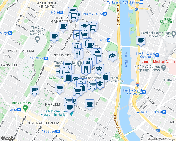 map of restaurants, bars, coffee shops, grocery stores, and more near 563 Malcolm X Boulevard in New York