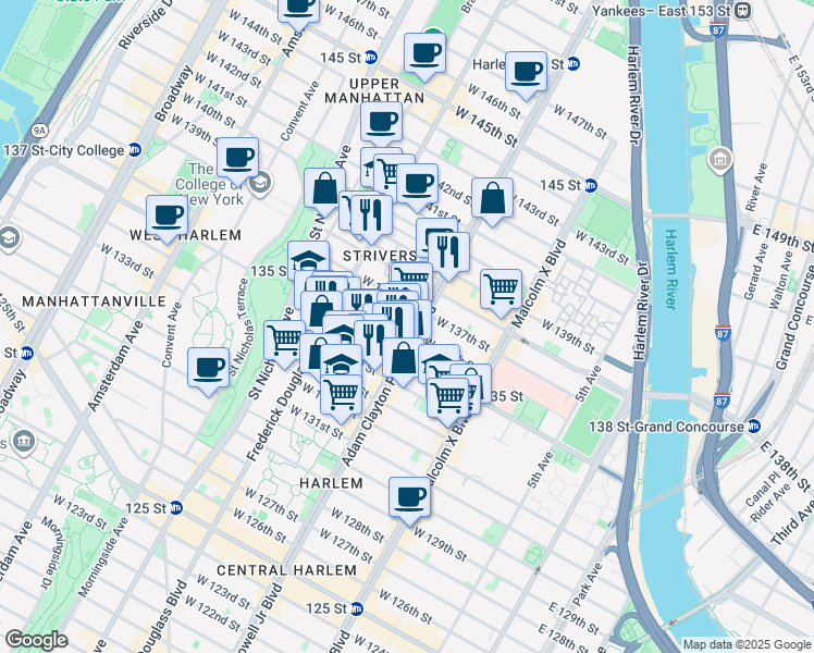 map of restaurants, bars, coffee shops, grocery stores, and more near 215 West 136th Street in New York