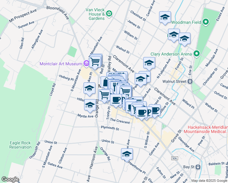 map of restaurants, bars, coffee shops, grocery stores, and more near 12 Midland Avenue in Montclair
