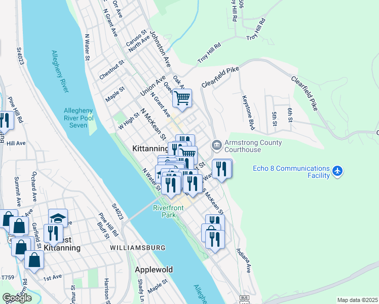 map of restaurants, bars, coffee shops, grocery stores, and more near 132 North Grant Avenue in Kittanning