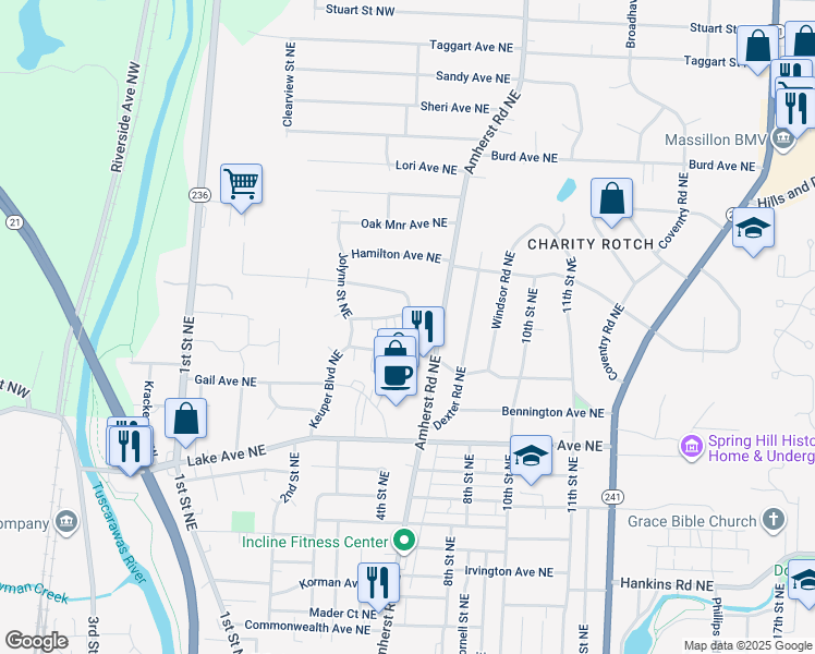 map of restaurants, bars, coffee shops, grocery stores, and more near 507 Amvale Avenue Northeast in Massillon