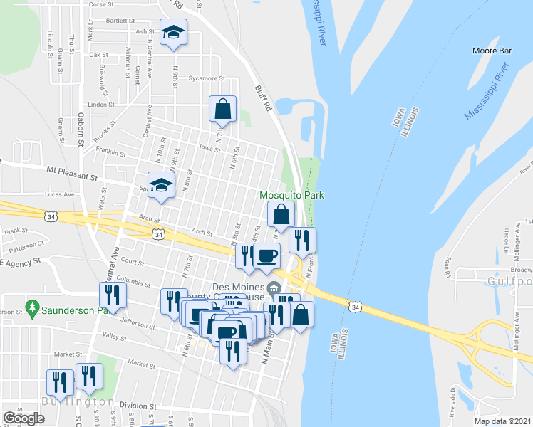 map of restaurants, bars, coffee shops, grocery stores, and more near 915 North 3rd Street in Burlington