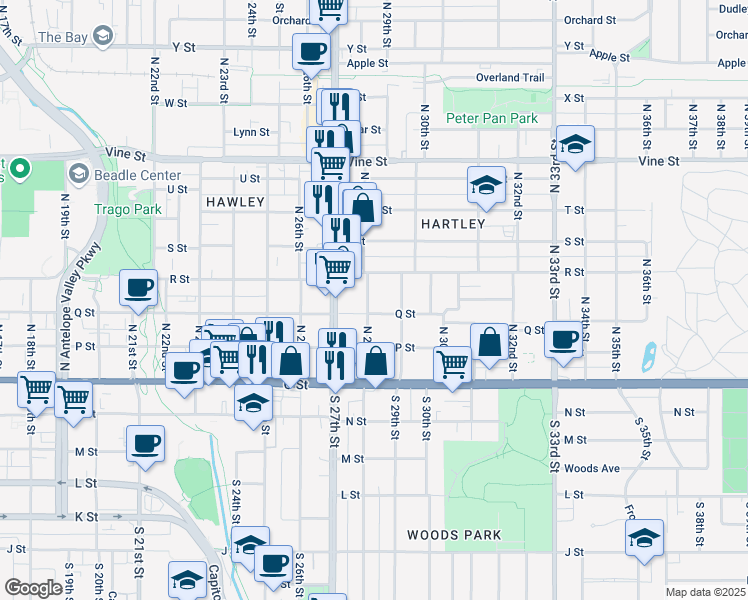 map of restaurants, bars, coffee shops, grocery stores, and more near 335 North 28th Street in Lincoln