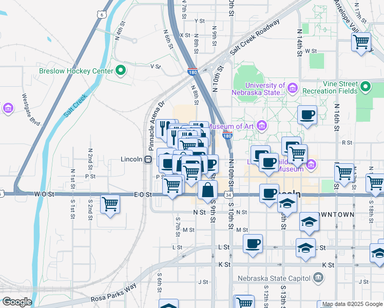 map of restaurants, bars, coffee shops, grocery stores, and more near 350 North 7th Street in Lincoln