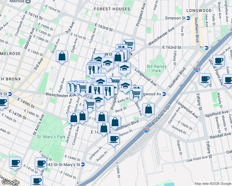 map of restaurants, bars, coffee shops, grocery stores, and more near Prospect Avenue & Avenue Saint John in Bronx