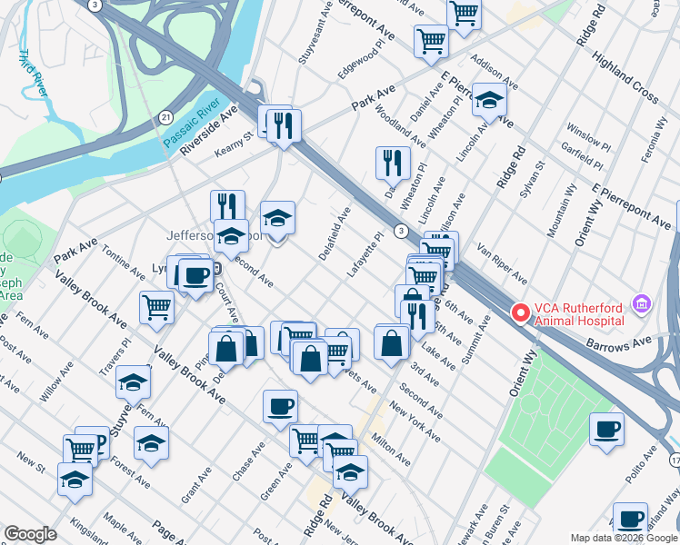 map of restaurants, bars, coffee shops, grocery stores, and more near 51 Lafayette Place in Lyndhurst