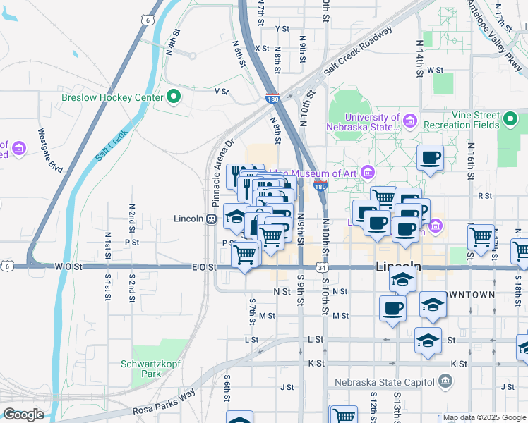 map of restaurants, bars, coffee shops, grocery stores, and more near 700 Q Street in Lincoln