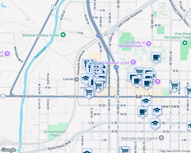 map of restaurants, bars, coffee shops, grocery stores, and more near 700 Q Street in Lincoln