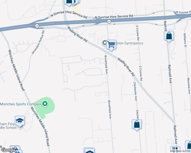 map of restaurants, bars, coffee shops, grocery stores, and more near 14 Emilie Drive in Center Moriches