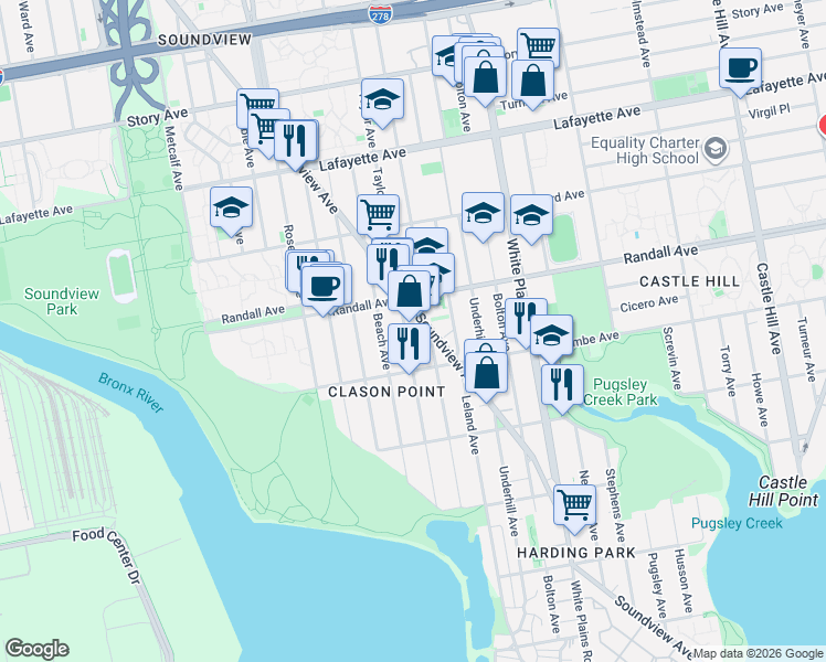map of restaurants, bars, coffee shops, grocery stores, and more near 561 Soundview Avenue in Bronx