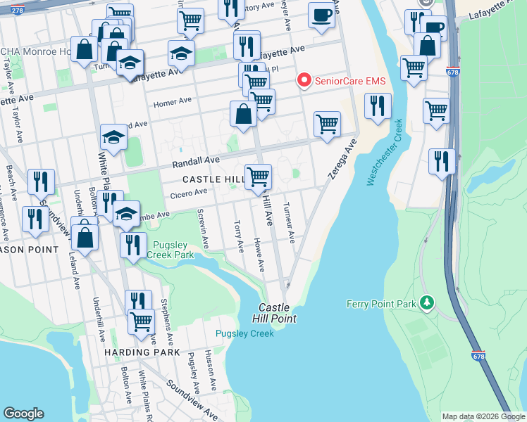map of restaurants, bars, coffee shops, grocery stores, and more near 463 Castle Hill Avenue in Bronx