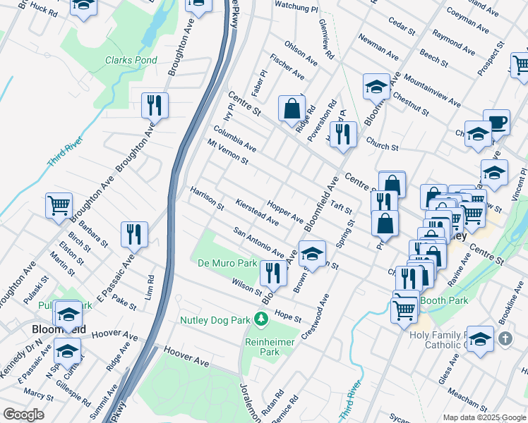 map of restaurants, bars, coffee shops, grocery stores, and more near 42 Kierstead Avenue in Nutley