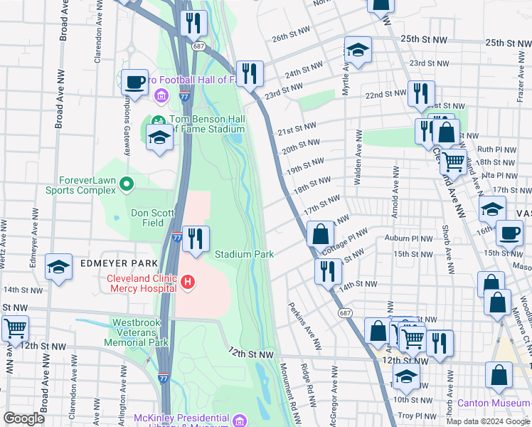 map of restaurants, bars, coffee shops, grocery stores, and more near 1716 18th Street Northwest in Canton