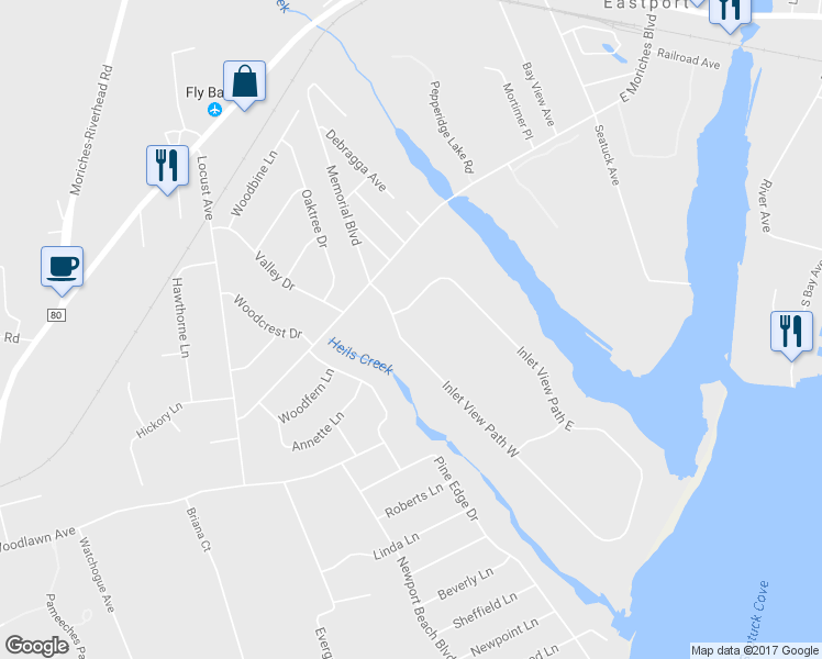 map of restaurants, bars, coffee shops, grocery stores, and more near 5 Inlet View Path in East Moriches