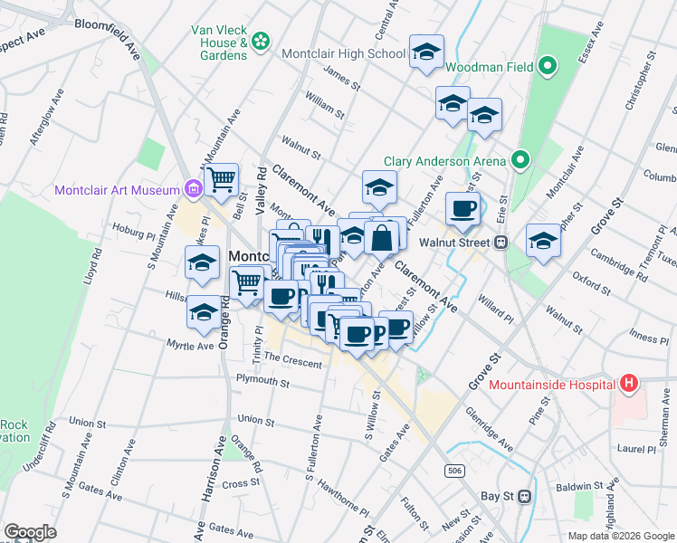 map of restaurants, bars, coffee shops, grocery stores, and more near 33 Cottage Place in Montclair