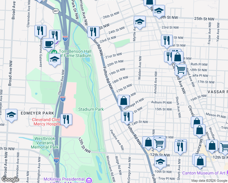 map of restaurants, bars, coffee shops, grocery stores, and more near 1714 Fulton Road Northwest in Canton