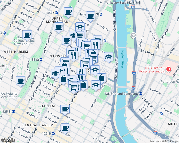 map of restaurants, bars, coffee shops, grocery stores, and more near 560 Lenox Avenue in New York