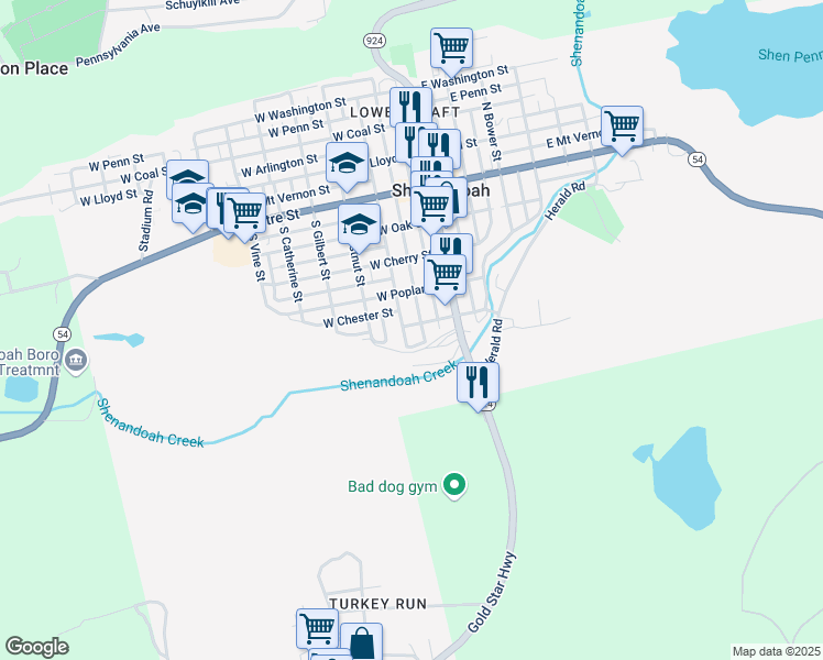 map of restaurants, bars, coffee shops, grocery stores, and more near 114 West Laurel Street in Shenandoah