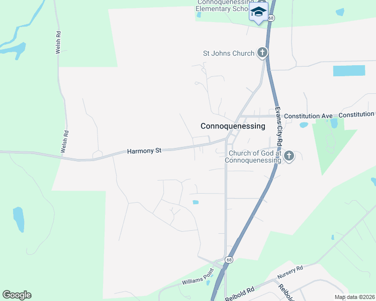 map of restaurants, bars, coffee shops, grocery stores, and more near 108 Harmony Street in Evans City