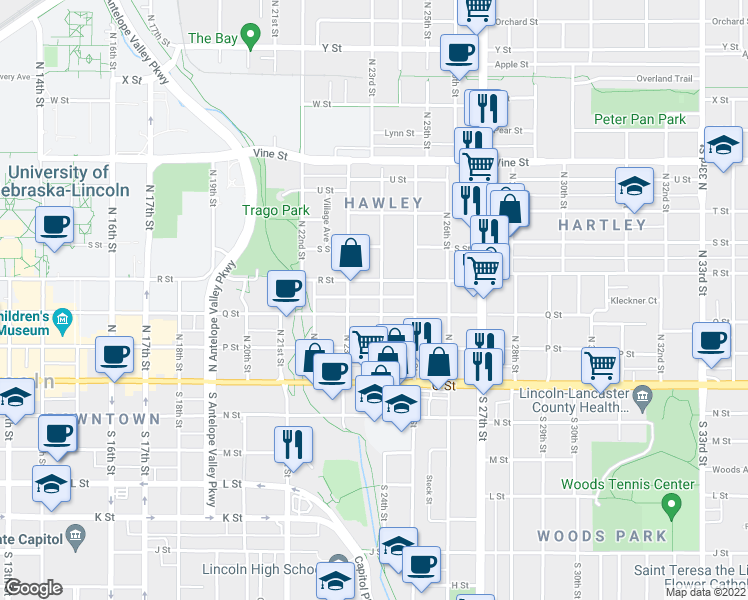 map of restaurants, bars, coffee shops, grocery stores, and more near 333 North 24th Street in Lincoln