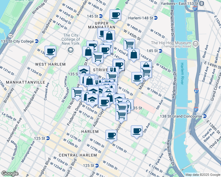 map of restaurants, bars, coffee shops, grocery stores, and more near 201 West 136th Street in New York