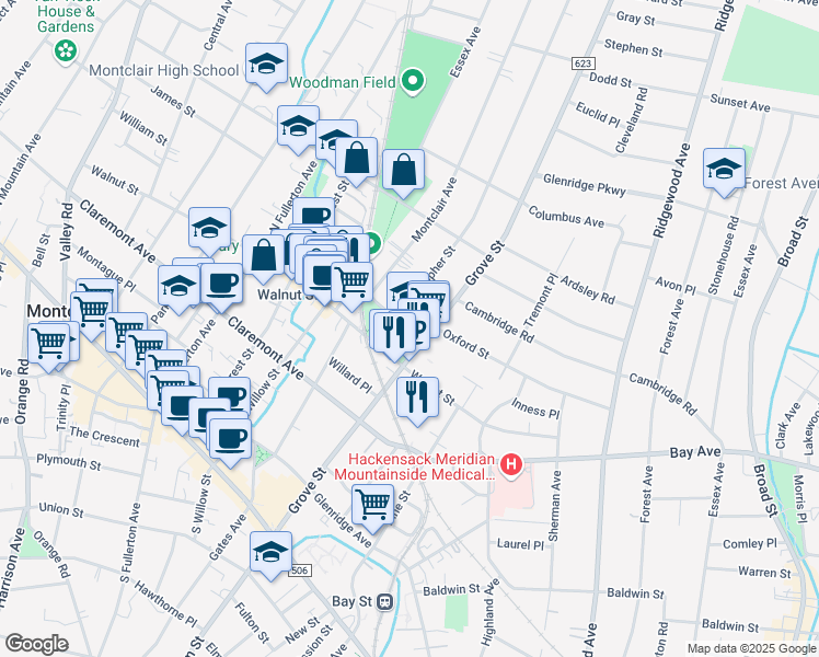 map of restaurants, bars, coffee shops, grocery stores, and more near 130 Grove Street in Montclair