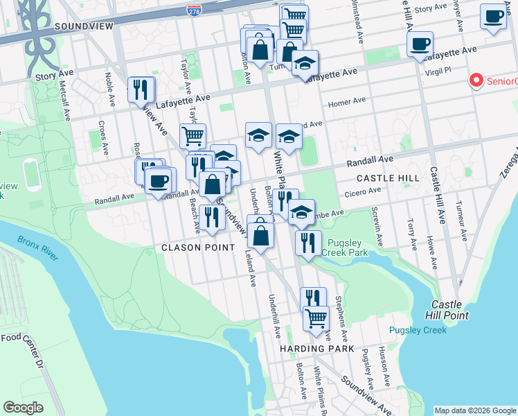 map of restaurants, bars, coffee shops, grocery stores, and more near 530 Underhill Avenue in Bronx