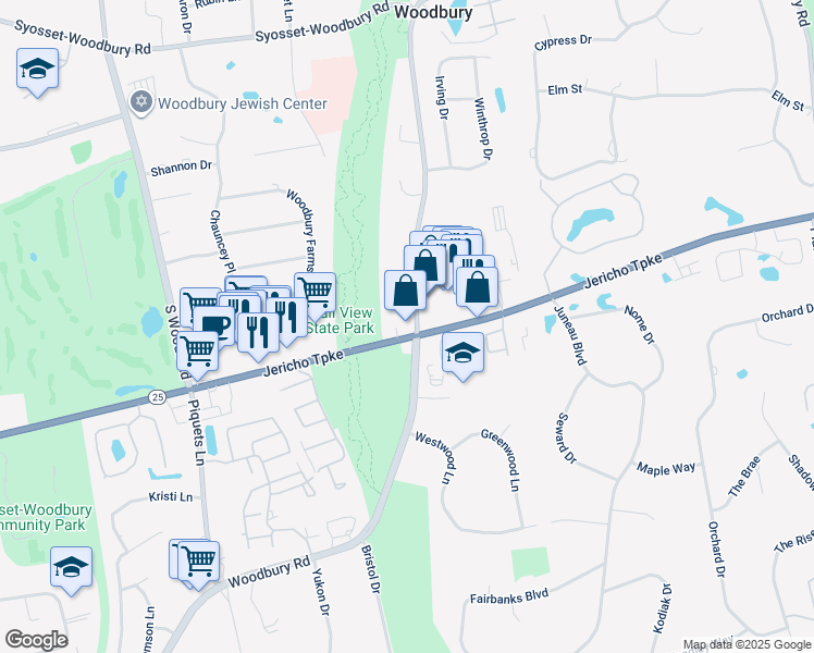 map of restaurants, bars, coffee shops, grocery stores, and more near 8223 Jericho Turnpike in Woodbury
