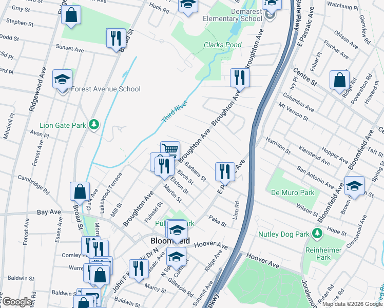 map of restaurants, bars, coffee shops, grocery stores, and more near 6 Fritz Street in Bloomfield
