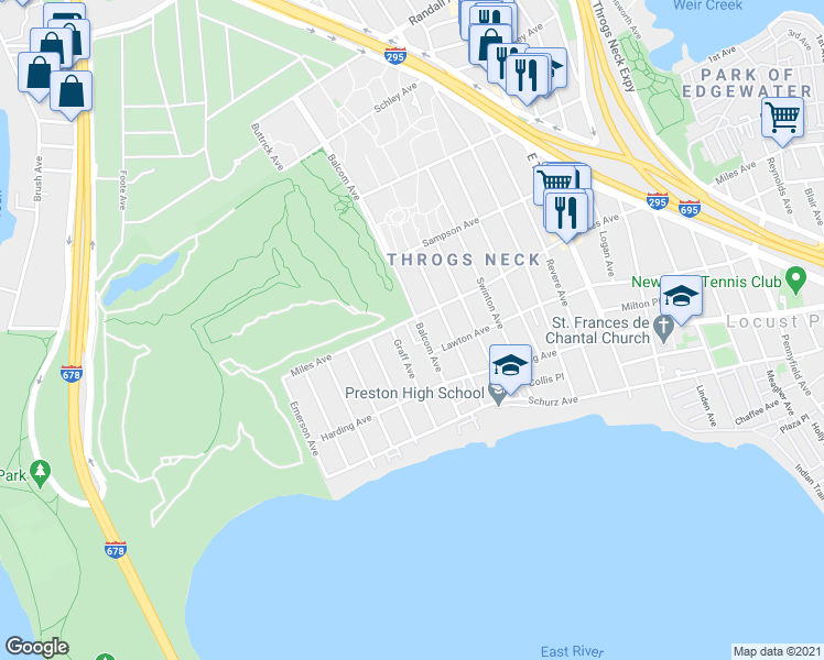 map of restaurants, bars, coffee shops, grocery stores, and more near 290 Graff Avenue in The Bronx