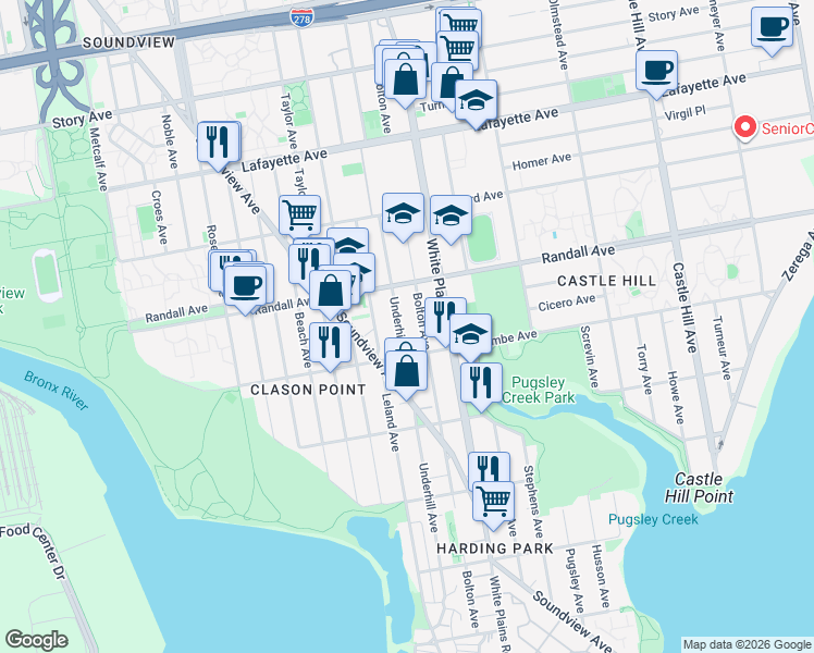 map of restaurants, bars, coffee shops, grocery stores, and more near 530 Underhill Avenue in Bronx
