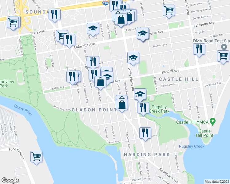 map of restaurants, bars, coffee shops, grocery stores, and more near 540 Leland Avenue in The Bronx