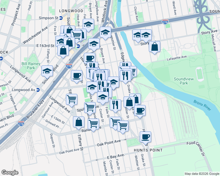 map of restaurants, bars, coffee shops, grocery stores, and more near 760 Bryant Avenue in The Bronx