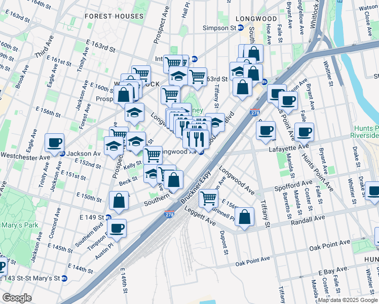 map of restaurants, bars, coffee shops, grocery stores, and more near 783 Fox Street in Bronx