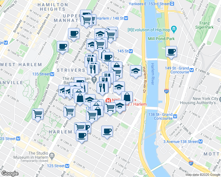 map of restaurants, bars, coffee shops, grocery stores, and more near 563 Malcolm X Boulevard in New York