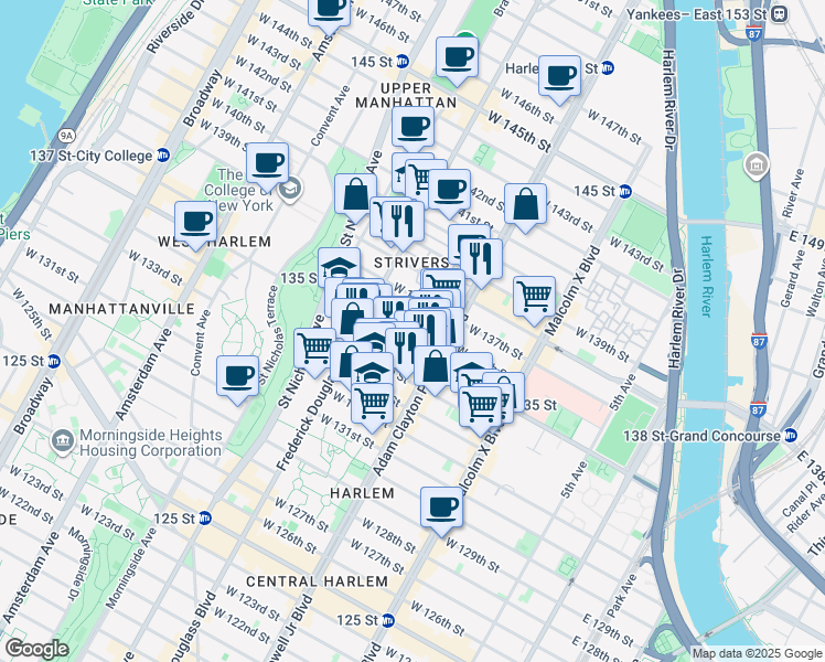 map of restaurants, bars, coffee shops, grocery stores, and more near 215 West 136th Street in New York