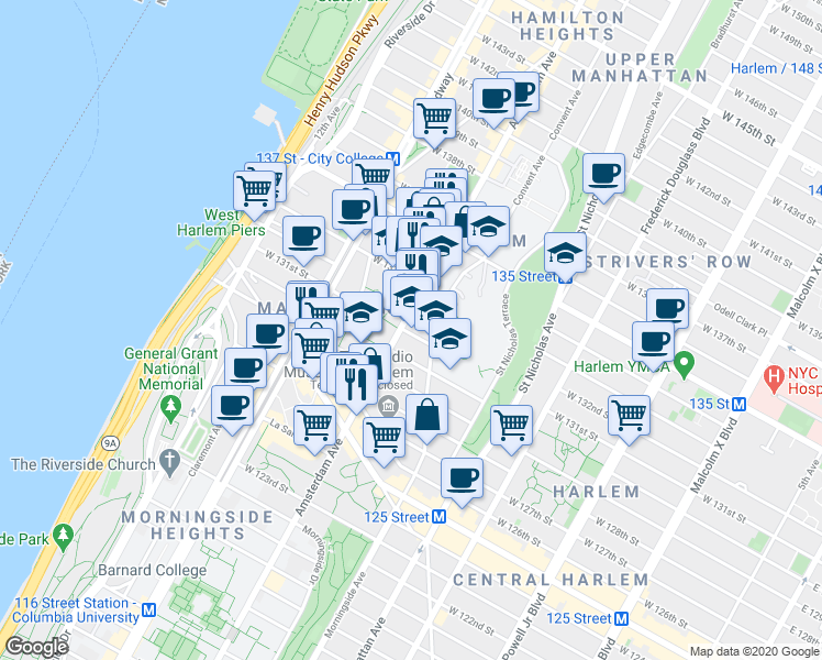 map of restaurants, bars, coffee shops, grocery stores, and more near 90 Convent Avenue in New York